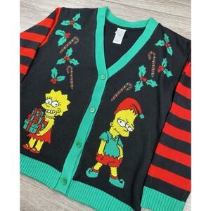 The Simpson's Men's Ugly Christmas V-Neck Cardigan Sweater Bart Lisa Black Sz L